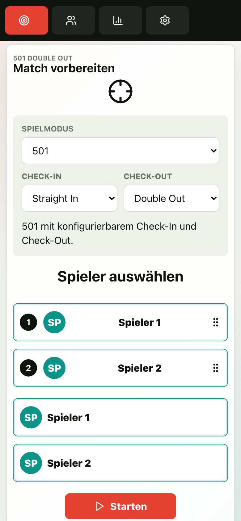 Match-Vorbereitung: Spielmodus 501 Double Out, Check-In Straight In, Spielerauswahl Spieler 1 und Spieler 2