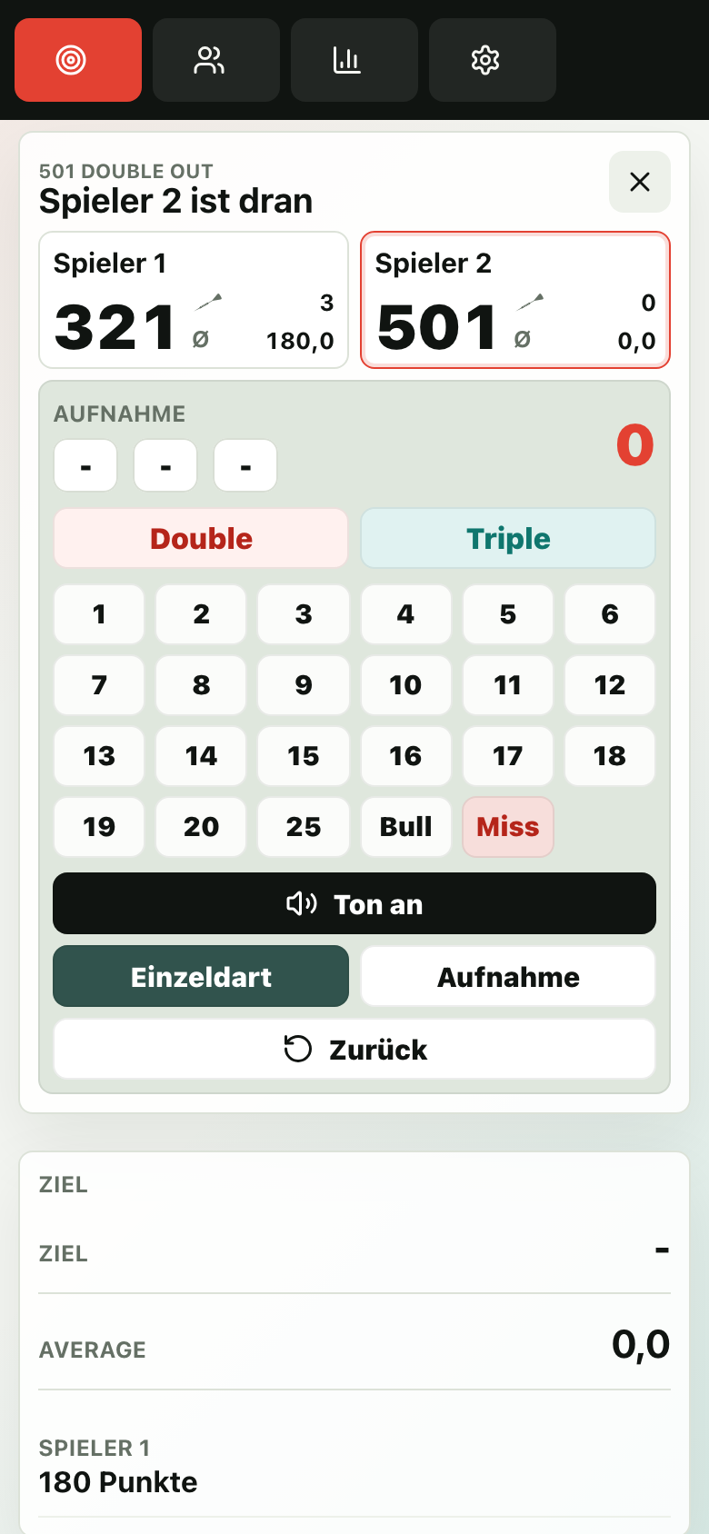 Match-Scoring in 501 Dart Scorer: Spieler 1 wirft Triple 20 dreimal für 180 Punkte, Restpunkte 321, 3-Dart-Average 180,0