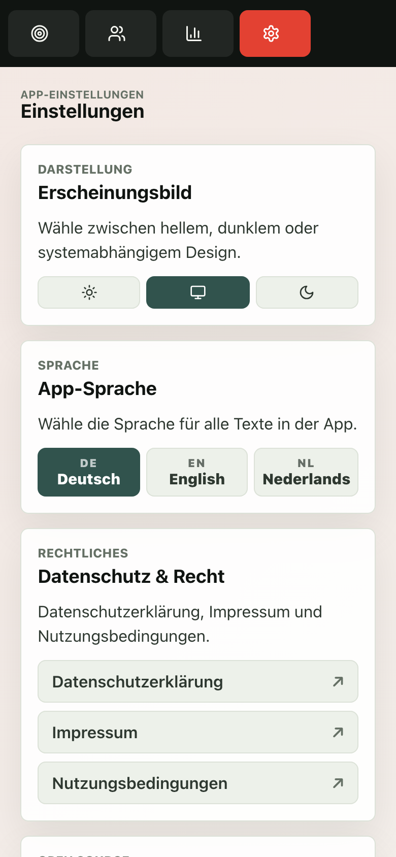 Einstellungen: hell/dunkel/System-Design, App-Sprache DE/EN/NL, direkte Links zu Datenschutz, Impressum und Nutzungsbedingungen
